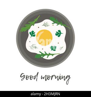 Uova fritte con erbe. Colazione con uova strapazzate. Illustrazione Vettoriale