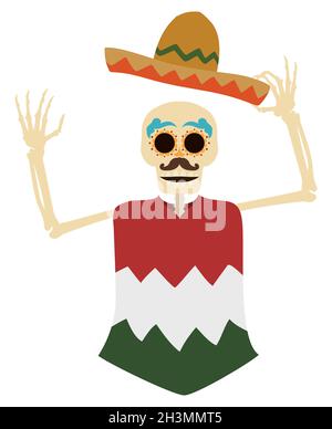Divertente scheletro che saluta a voi, indossando un cappello messicano charro, poncho e decorazioni tradizionali sul suo volto per Day of the Dead. Carattere in St. Piatto Illustrazione Vettoriale