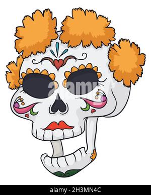 Felice cranio femminile con fiori marigold sulla sua testa, decorato con il tradizionale motivo messicano sul suo volto per Day of the Dead in stile cartone animato. Illustrazione Vettoriale