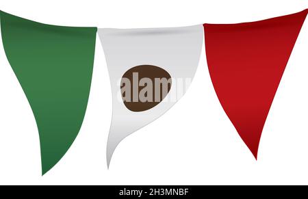 Banner decorato con tre pennanti con colori messicani: Verde, bianco e rosso, isolato su sfondo bianco. Illustrazione Vettoriale