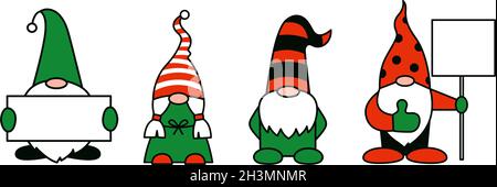 Gnomes giardino o nani cartoon illustrazioni isolate. GNOME che tiene in mano striscioni o fogli di carta vuoti. Uomo e donna, ragazzo e ragazza gnome Illustrazione Vettoriale