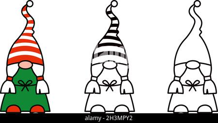 Simpatico gnome ragazza o nana in strisce cappello e abito isolato illustrazioni. Personaggi vettoriali di magia cartoon per Natale primavera o estate design. Linea Illustrazione Vettoriale