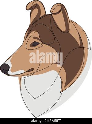 Ritratto del cane del vettore di Collie ruvido. Linea continua a colori. Disegno a linea singola Dog. Illustrazione Vettoriale