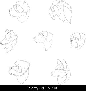 Razze di cani disegnate in stile minimal set. Cani da una linea. Illustrazione vettoriale. Illustrazione Vettoriale