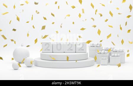 3D. 2022 podio bianco, palle natalizie, nastri d'oro e scatole regalo per show product al festival di natale su sfondo bianco. Foto Stock