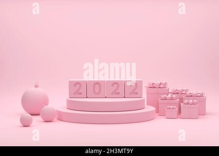 3D. 2022 podio rosa, palle natalizie, nastri d'oro e scatole regalo per prodotti da spettacolo al festival natalizio su sfondo bianco. Foto Stock