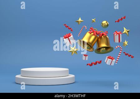 3D. Podio sulla campana di natale e confezione regalo in occasione della celebrazione del natale su sfondo blu Foto Stock