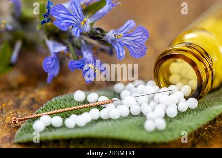 Medicina alternativa con agopuntura e pillole di erbe Foto Stock