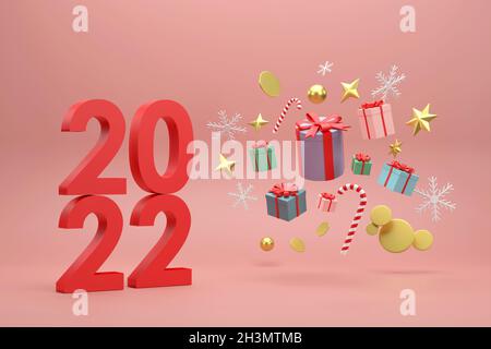3D. 2022 scatole regalo e palle d'oro festeggiamenti natalizi su sfondo rosso. Foto Stock