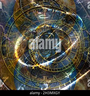 Orologio astronomico. Composizione simbolica. Rendering 3D. Foto Stock