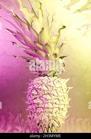 Collage con ananas in vivaci colori olografici sfumati in uno stile creativo di concept art. Immagine al neon creativa e colorata wi Foto Stock