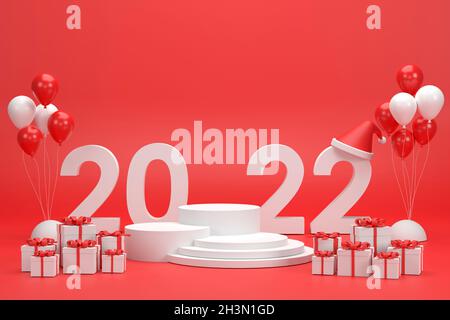 3D. 2022 Podium, palloncini e decorazioni natalizie appesi su sfondo rosso Foto Stock