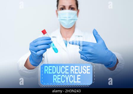 Visualizzazione concettuale riduzione del riciclaggio di riutilizzo. Business idea ambientalecomportamento del consumatore responsabile studio scoperto farmaci analisi Medicina Foto Stock