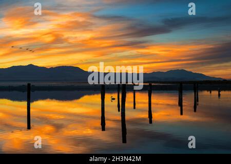 Tramonto a Salton Sea, Mecca, Colorado Desert, California Foto Stock