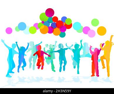 I bambini esilaranti saltano e si acclamano Foto Stock