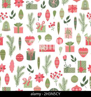 Modello vettoriale senza giunture di piante di natale, giocattoli di natale, piante e fiori Illustrazione Vettoriale