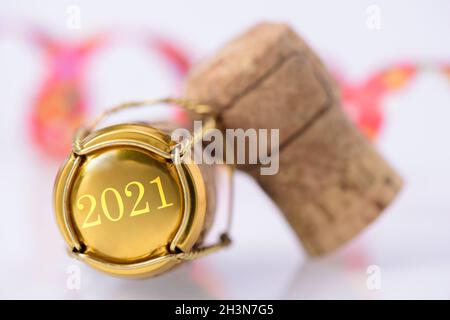 Sughero di champagne con data di inizio anno 2021 Foto Stock