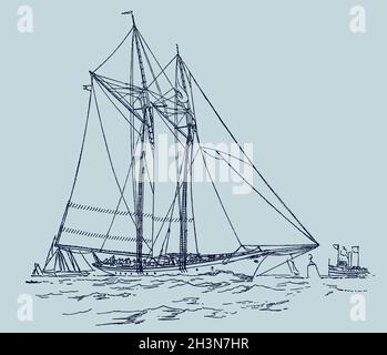 Goletta che lascia il porto, isolato su sfondo azzurro-verde chiaro Illustrazione Vettoriale