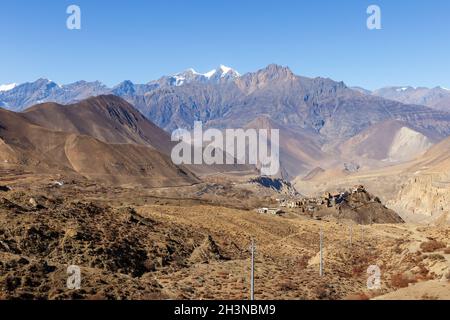 Vista del villaggio di Jharkot. Distretto di Mustang, Nepal Foto Stock