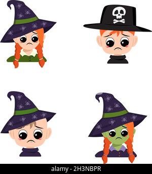 Set di ragazza, ragazzo e bambino con pelle bianca e verde, capelli rossi, occhi grandi ed emozioni tristi, viso depresso, occhi giù in cappello a strega appuntita. Testa di bambino con espressione malinconica in costume da carnevale Illustrazione Vettoriale