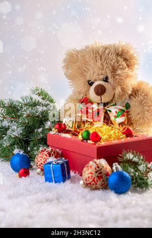 Buono regalo di Natale e biglietto di auguri per l'orso morbido giocattolo. Foto Stock