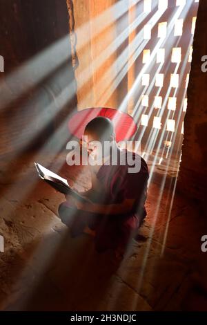 Bagan, Myanmar - 7 settembre: Giovane monaco buddista che legge all'interno del vecchio tempio pagoda nel parco storico di mandalay. 7 settembre 2016, Myanmar Foto Stock