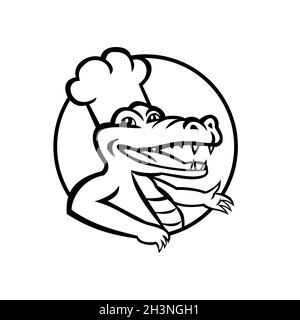 Happy Chef Alligator Gator o Coccodrillo indossando Chef Hat Circle Mascot retro nero e bianco Foto Stock