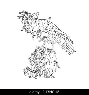 Raven si infila in cima al cranio umano che gocciola con Earthworm o Borrowing Worm Line Art Drawing Foto Stock