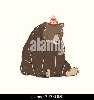 Orso marrone in un cappello rosso con pompom. Illustrazione vettoriale Illustrazione Vettoriale
