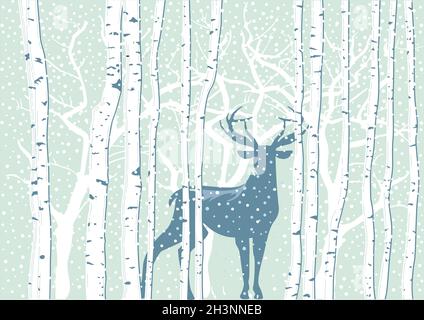 Cervi nel paesaggio invernale con fiocchi di neve Foto Stock