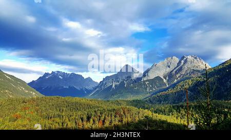 The Fernpass at Blindsee with a view of the Zugspitze Stock Photo