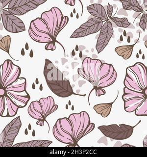 Disegno senza giunture di elementi floreali disegnati a mano fiori e foglie e forme geometriche astratte. Illustrazione Vettoriale
