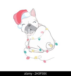 Biglietto di Natale. Poster di ritratto bulldog in un cappello di Babbo Natale. Illustrazione vettoriale. Illustrazione Vettoriale