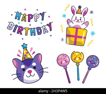 kawaii compleanno adesivi set vettore disegno illustrazione Illustrazione Vettoriale