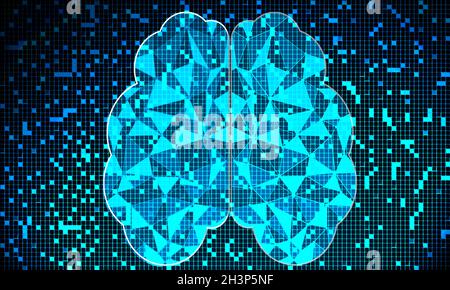 Cervello umano pixelato con sfondo blu Foto Stock