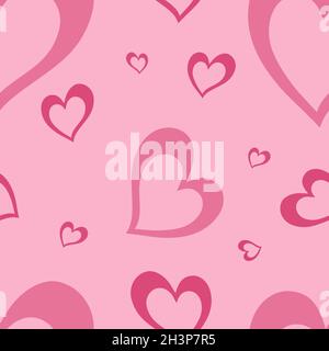 Amo motivo senza cuciture con cuori rossi e rosa su sfondo rosa. Illustrazione di San Valentino. Foto Stock