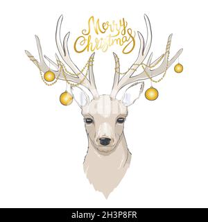 Cervi con palle di Natale sulle corna. Biglietto di Natale con cervi e lettere. Illustrazione Vettoriale
