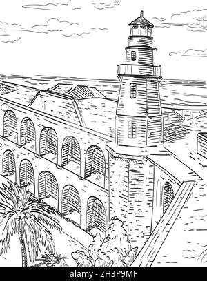 Dry Tortugas National Park, sito di Fort Jefferson e Garden Key Lighthouse Florida Woodcut Black and White Foto Stock