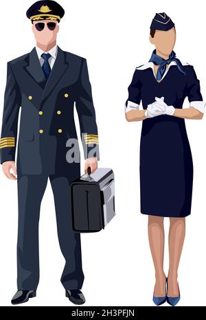 Pilota e stewardess in uniforme su sfondo bianco - illustrazione vettoriale Illustrazione Vettoriale