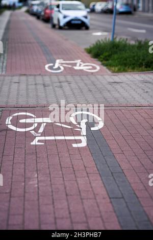 Contrassegno su un percorso ciclabile in due direzioni su Porto di Swinoujscie in Polonia Foto Stock