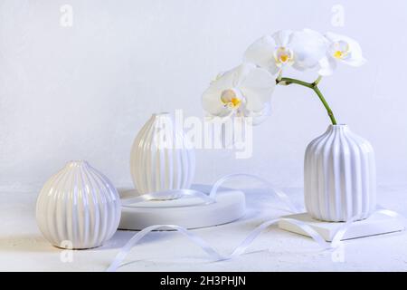 Ramo di un'orchidea bianca in un vaso. Foto Stock