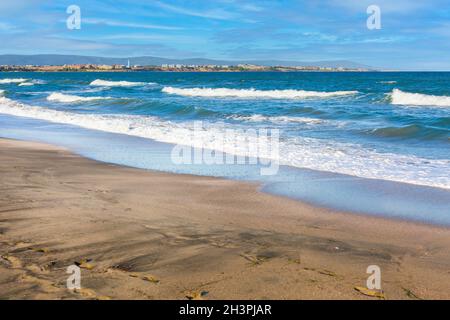 Spiaggia di sabbia su spit, Pomorie e Aheloy, Bulgaria Foto Stock