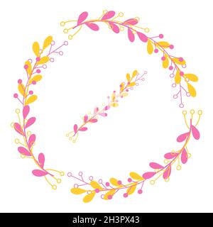 Illustrazione dell'isolamento vettoriale. Cornici floreali di colore giallo rosa su sfondo bianco. Elementi di disegno per le schede di nozze, stampe, biglietti d'auguri. Illustrazione Vettoriale