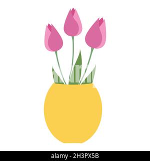 Tulipani rosa in vaso giallo. Immagine di isolamento vettoriale su sfondo bianco. Illustrazione Vettoriale