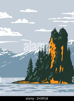 New Eddystone Rock situato nel Misty Fjords National Monument parte di Tongass National Forest in Ketchikan Alaska WPA Poster Art Foto Stock