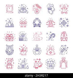 Simboli di festa di Capodanno e di Natale, icone isolate Illustrazione Vettoriale