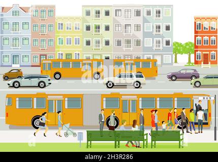 Autobus pubblico sulla fermata dell'autobus con illustrazione dei passeggeri Foto Stock