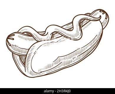Snack fast food, hot dog isolato schizzo, salsiccia in panna con senape Illustrazione Vettoriale