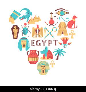 Banner con icone egiziane in stile piatto. Simbolo nazionale dell'aquila, faraone, Sfinge e piramidi. Illustrazione vettoriale con testo. Illustrazione Vettoriale