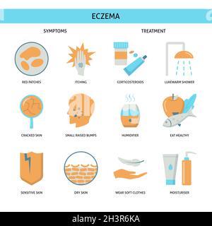 Sintomi eczema e icona di trattamento in stile piatto. Simboli di allergia cutanea isolati su bianco. Illustrazione vettoriale. Illustrazione Vettoriale
